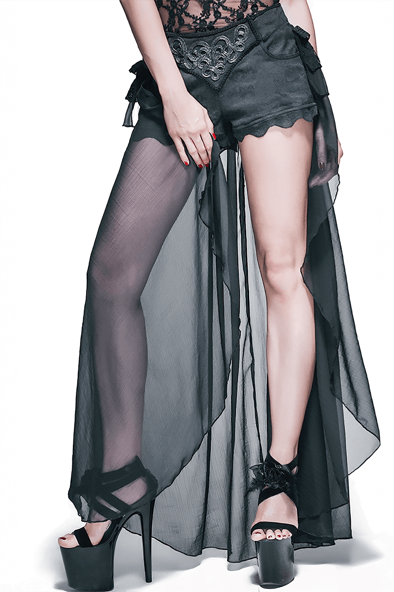 Elegant black gothic shorts with lace and veil tail, paired with stylish high heels.