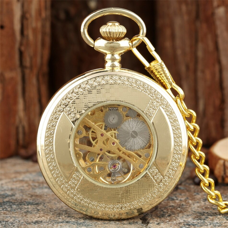 Exquisite gold mechanical pocket watch with intricate gears and a chain, a retro accessory in timeless elegance.