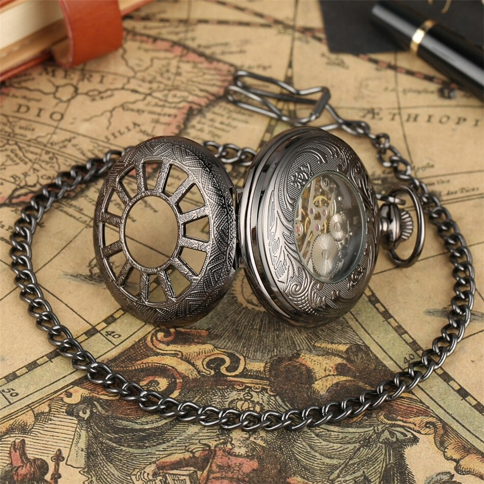 Exquisite antique mechanical pocket watch with chain on vintage map background, showcasing intricate design and craftsmanship.