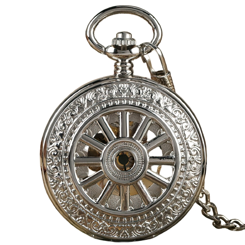 Exquisite silver mechanical pocket watch with ornate detailing and a stylish chain, perfect for retro accessory lovers.