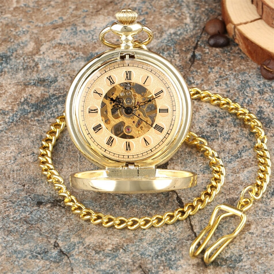 Exquisite gold mechanical pocket watch with chain, showcasing a detailed retro design and elegant Roman numerals.