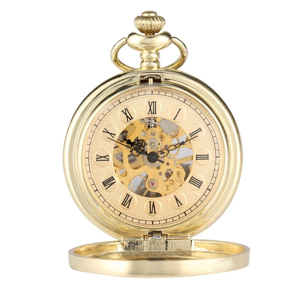 Exquisite gold antique mechanical pocket watch with open face and intricate design for retro enthusiasts.