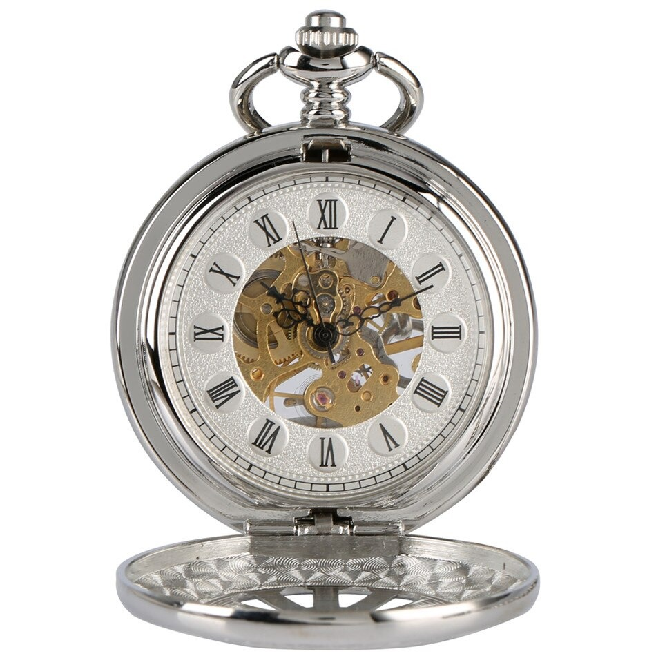 Exquisite male retro pocket watch with chain in silver, showcasing intricate mechanical details and a timeless design.