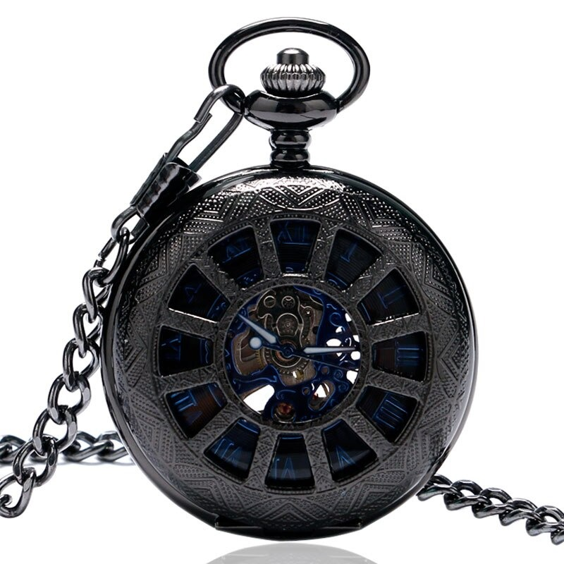 Exquisite antique mechanical pocket watch with chain, featuring a blue dial and intricate design.