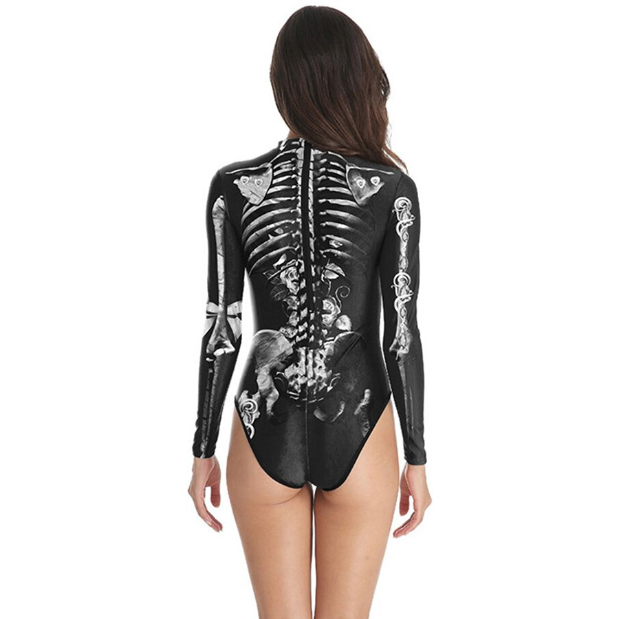 Women's long sleeve swimsuit featuring a unique skeleton 3D print design, perfect for alternative style swimwear.