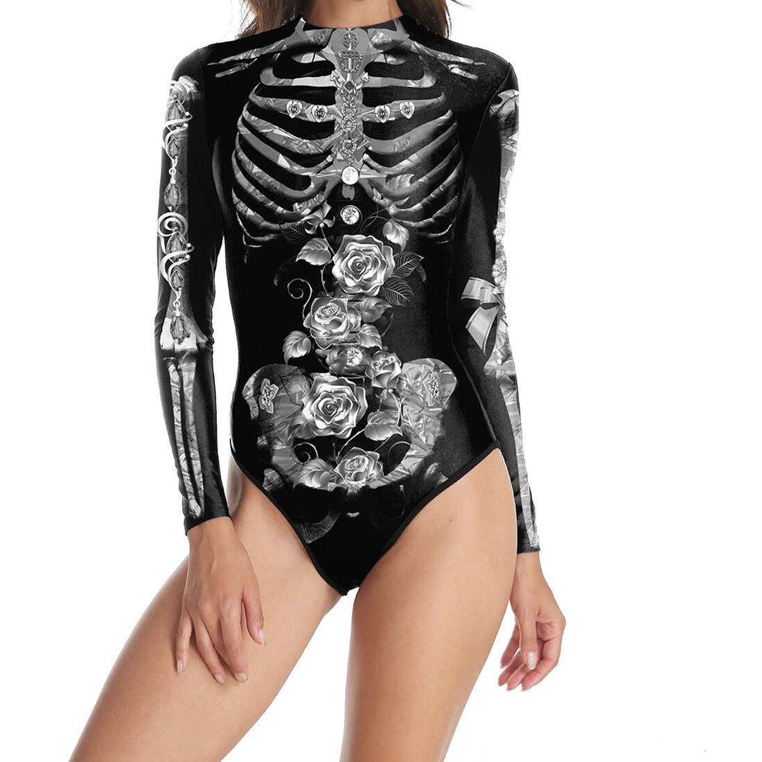 Black long sleeve one piece swimsuit with skeleton and rose 3D print for women, perfect for alternative summer style.