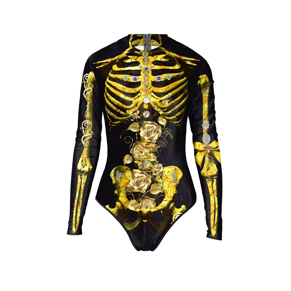 Extraordinary long sleeve one piece swimsuit with bold skeleton and rose 3D print for a standout alternative style.