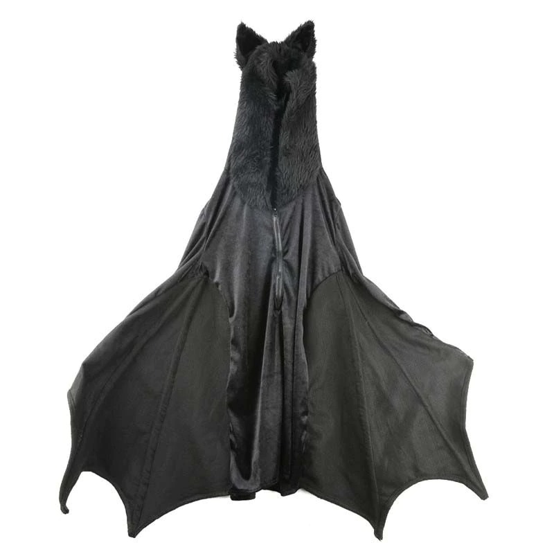 Women's vampire bat costume featuring plush ears and dramatic wings, perfect for Halloween parties.