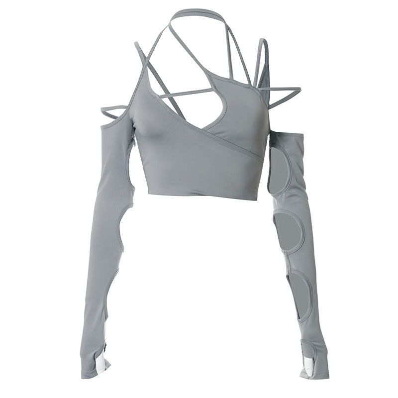Stylish gray women's cut out long sleeve crop top with asymmetrical design and unique detailing.