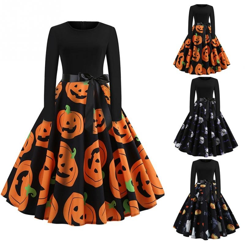Elegant women's Halloween dress featuring a playful pumpkin print and long sleeves, perfect for festive celebrations.