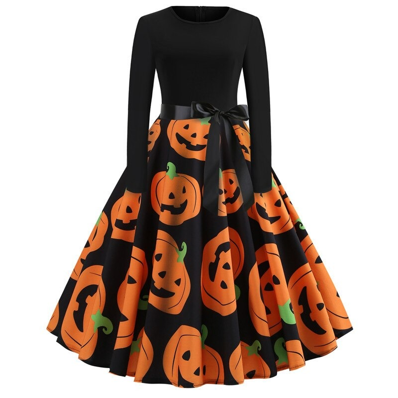 Elegant women's Halloween dress with pumpkin print and long sleeves, featuring a stylish waist belt.