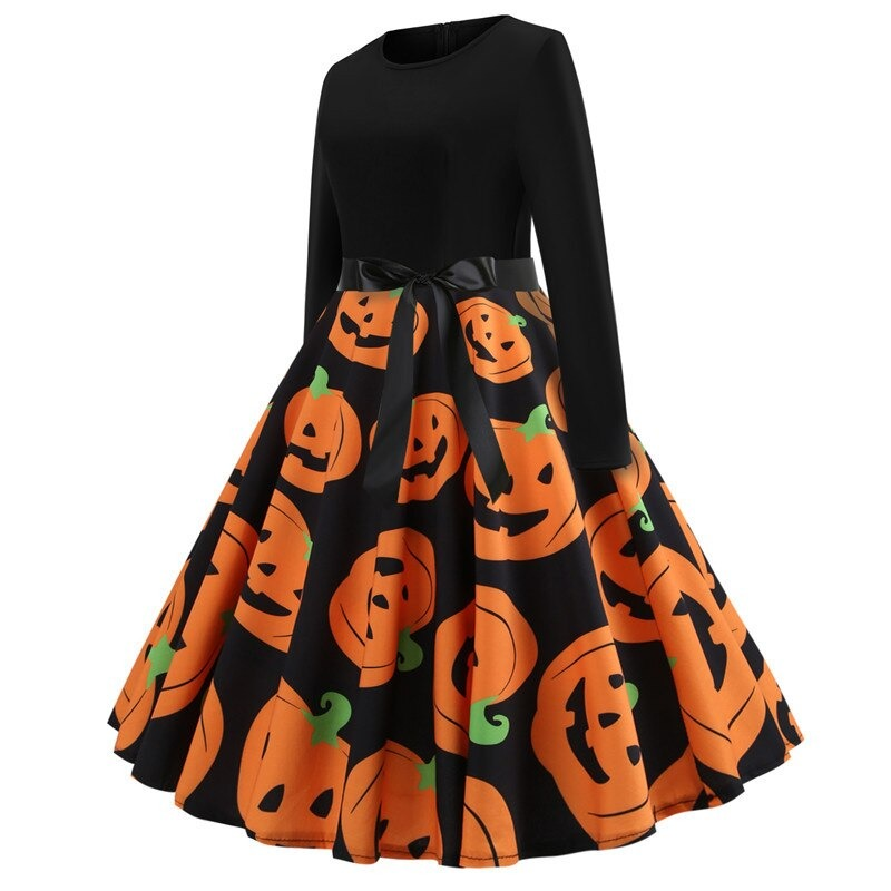 Elegant women's Halloween dress with pumpkin print and long sleeves, perfect for festive celebrations.