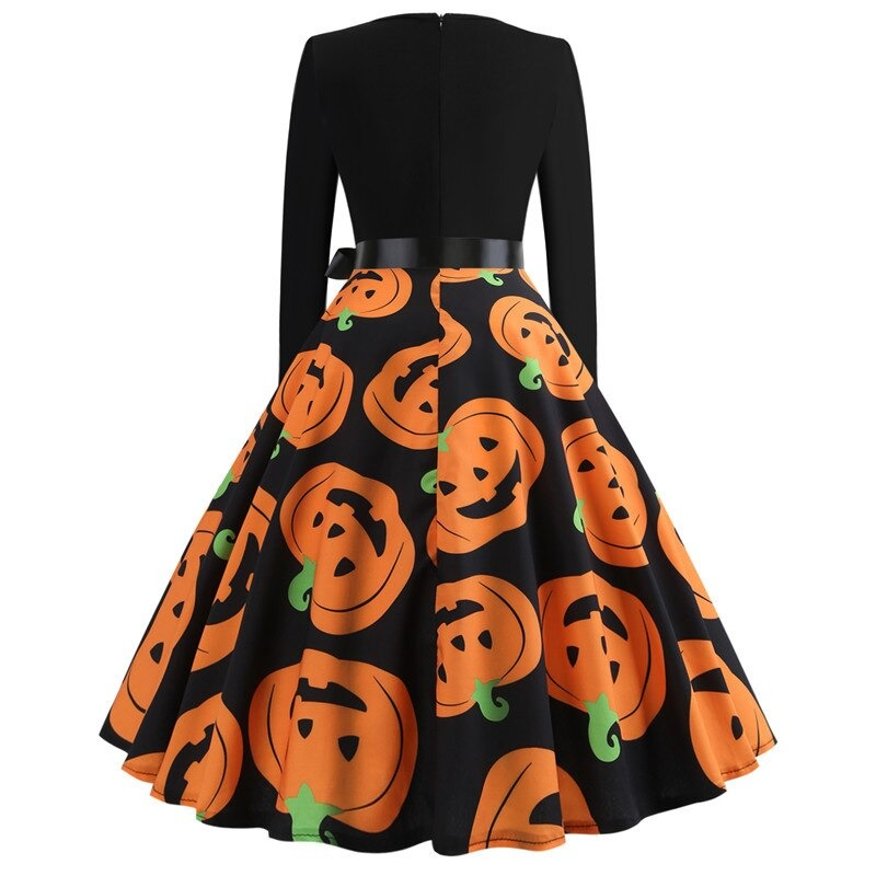 Back view of women's Halloween dress featuring vibrant pumpkin print and a stylish black belt.