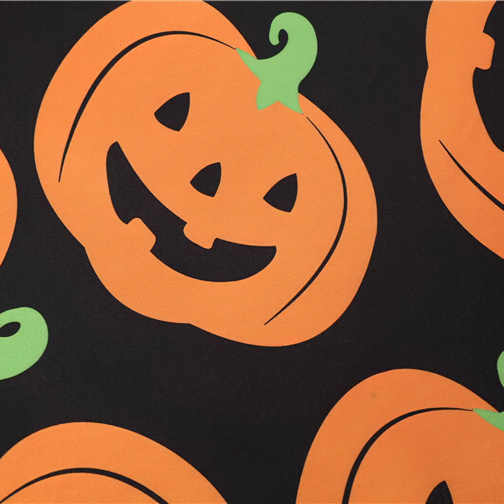 Colorful pumpkin print on a black background, perfect for Halloween-themed clothing and festive celebrations.