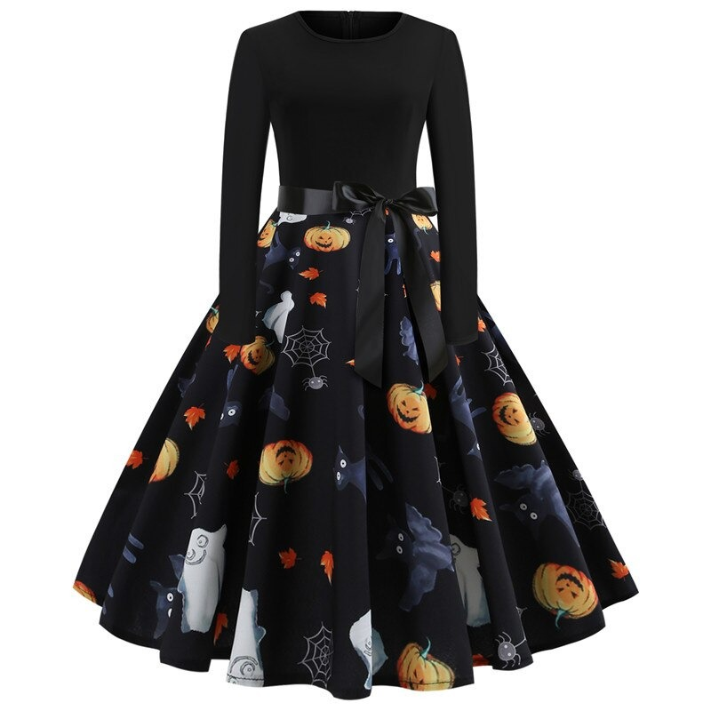 Elegant black Halloween dress with pumpkin print and long sleeves, perfect for festive celebrations.