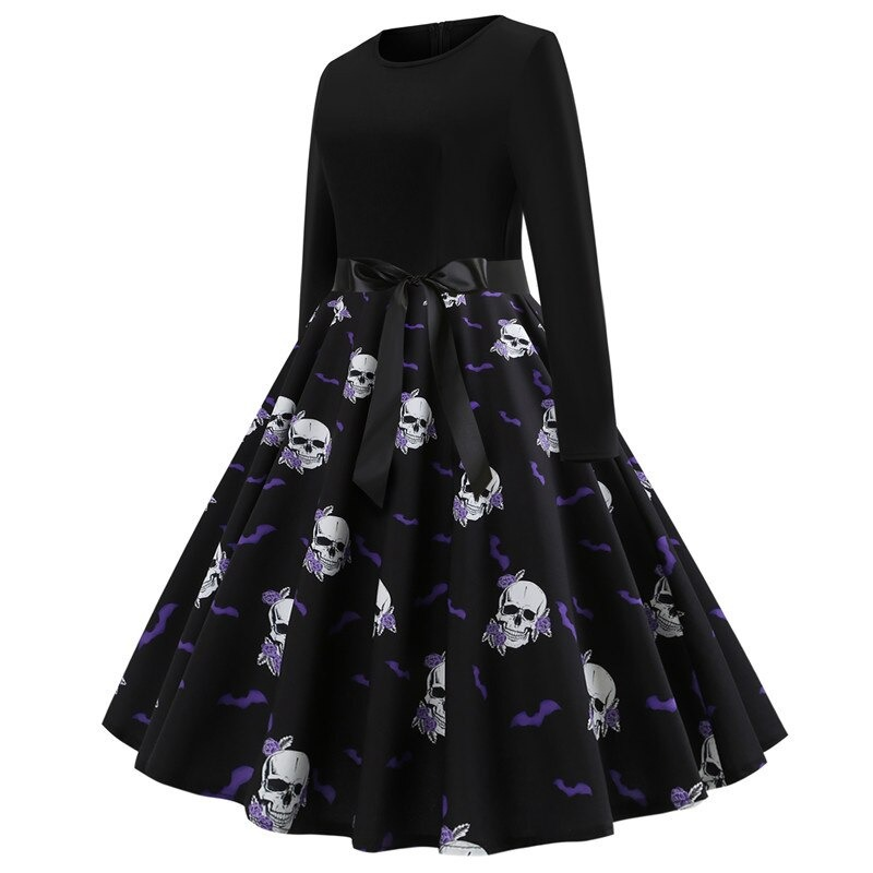 Elegant black Halloween dress with skull and bat print, long sleeves, and waist belt for a chic look.