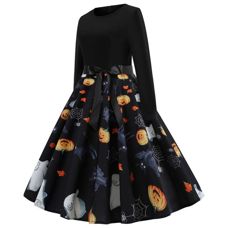 Elegant black women's Halloween dress with pumpkin print and long sleeves, perfect for festive celebrations.