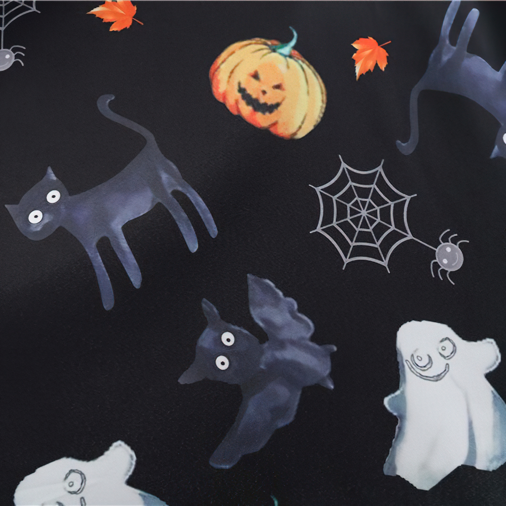 Black Halloween fabric featuring whimsical ghosts, pumpkins, playful cats, and spider webs for festive style.