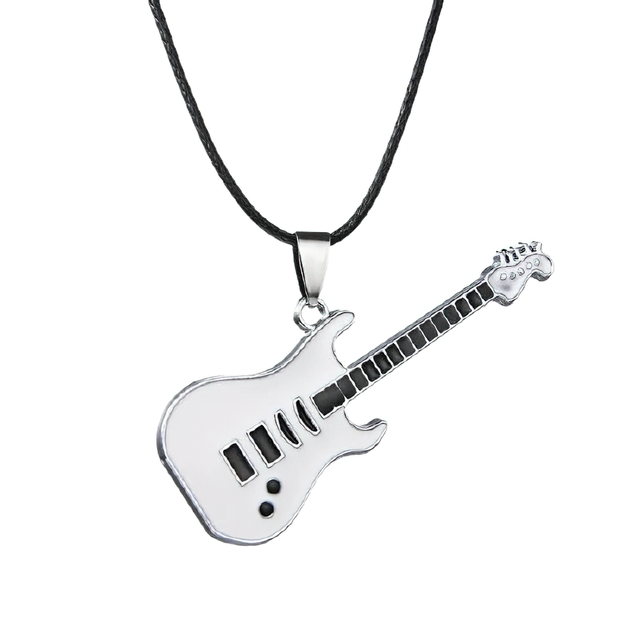316L stainless steel guitar pendant necklace on black cord, trendy casual jewelry for music lovers.