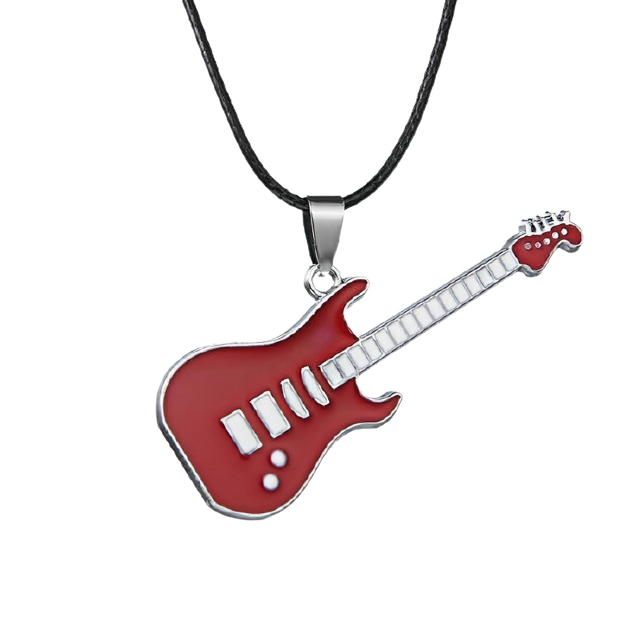 Red guitar pendant necklace on a black cord, stylish casual jewelry for music lovers, perfect accessory for any outfit.