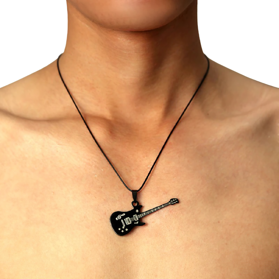 Black guitar pendant necklace worn on a model, perfect casual jewelry for men and women.