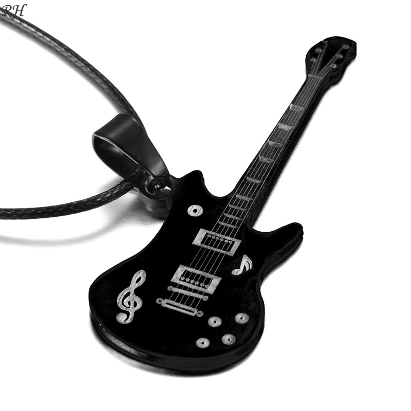 Trendy black guitar pendant necklace, perfect casual jewelry for music lovers, available in stainless steel.