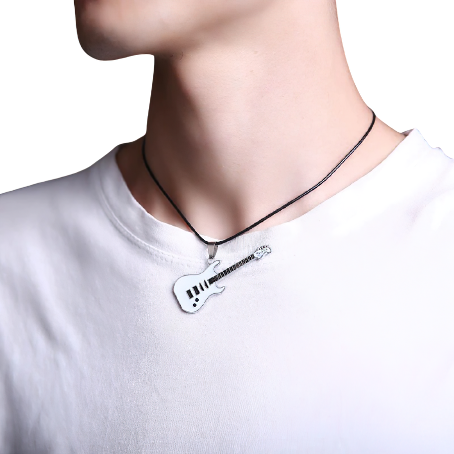 Stylish 316L stainless steel guitar necklace worn by a person, perfect casual jewelry for music lovers.