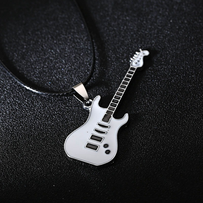 Trendy 316L stainless steel guitar necklace pendant on a black chain, perfect casual jewelry for music lovers.
