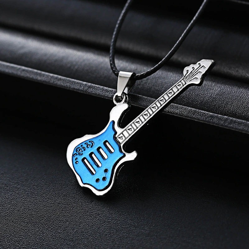 Fashion 316L stainless steel guitar necklace with blue enamel pendant, perfect casual jewelry for music lovers.