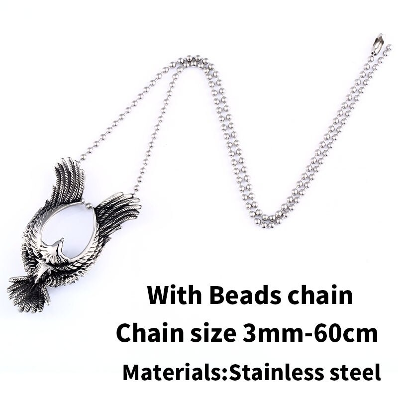 Stylish stainless steel phoenix pendant necklace with bead chain, 3mm-60cm, perfect for retro jewelry lovers.