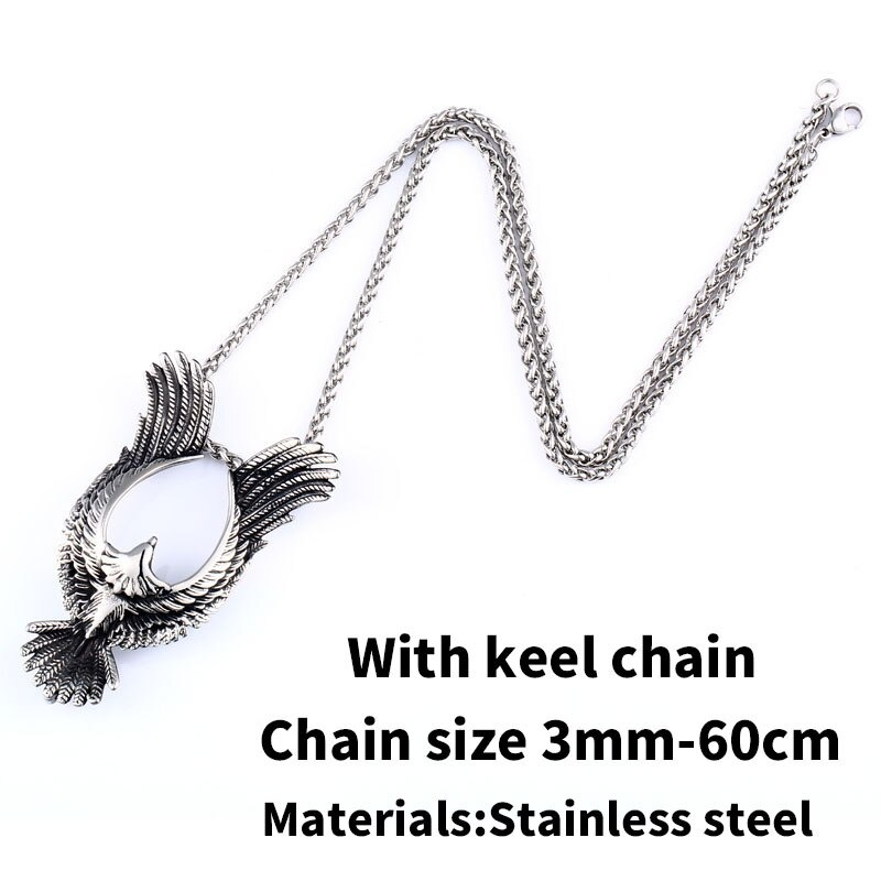 Fashionable retro stainless steel phoenix pendant with a 3mm-60cm keel chain, perfect unisex jewelry for everyone.