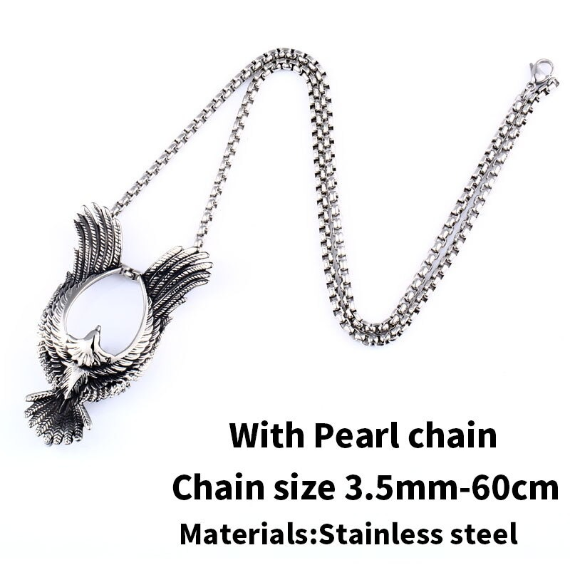 Stylish stainless steel phoenix pendant with a pearl chain, perfect retro jewelry for men and women.