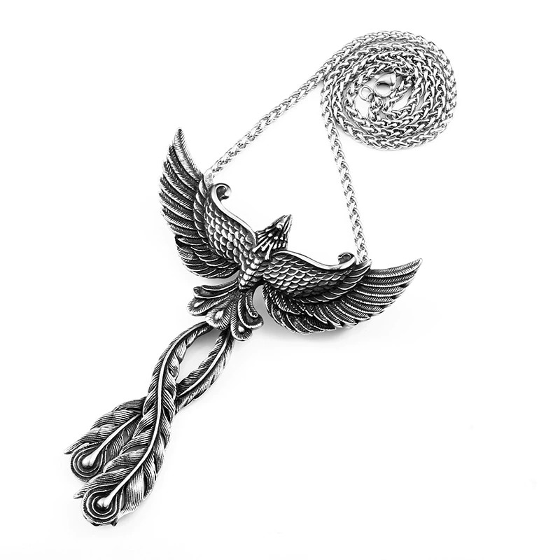 Vintage phoenix pendant necklace in stainless steel with detailed wing design, perfect for retro style lovers.