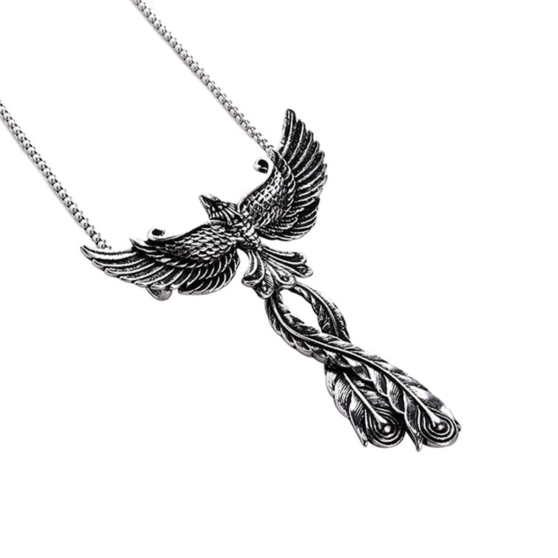 Vintage 316L stainless steel phoenix pendant with open wings on a delicate chain, perfect retro jewelry.
