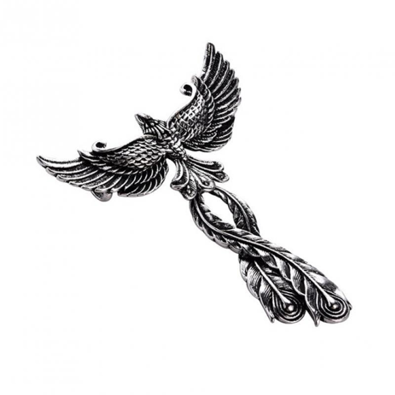 Detailed vintage phoenix pendant in stainless steel with open wings, perfect retro style necklace.