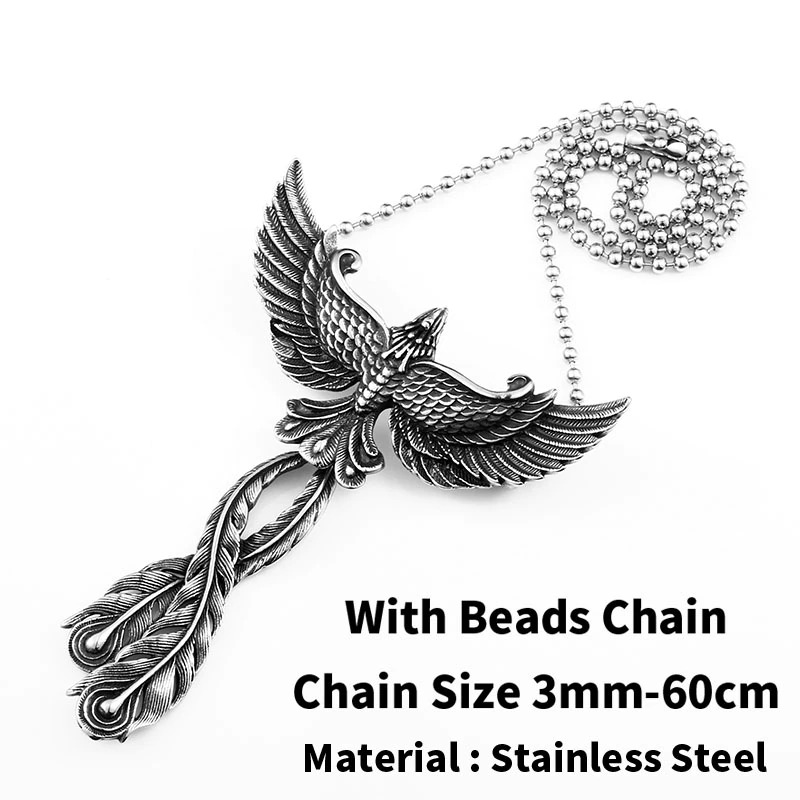 Retro stainless steel phoenix pendant necklace with beads chain, featuring intricate details and open wings.