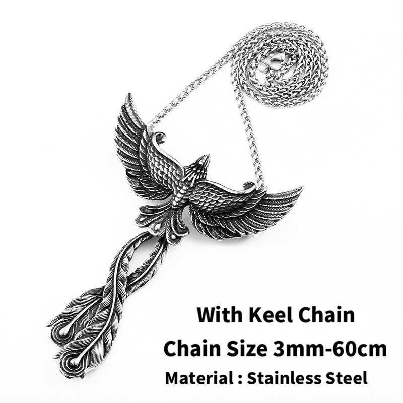 Retro stainless steel phoenix pendant necklace with keel chain, showcasing intricate wings and design.