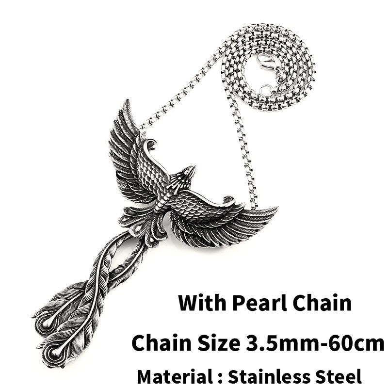 Stunning retro stainless steel phoenix pendant necklace with pearl chain, featuring intricate feather details.