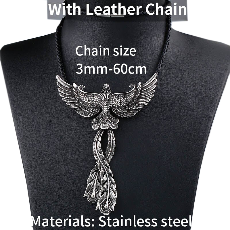 Vintage phoenix pendant necklace with leather chain, crafted from stainless steel. Unique retro jewelry for stylish flair.