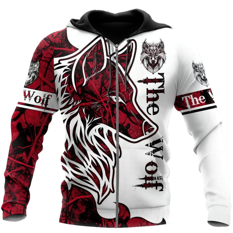 Cool 3D printed unisex hoodie featuring a bold wolf design in red and white, perfect for casual fashion.
