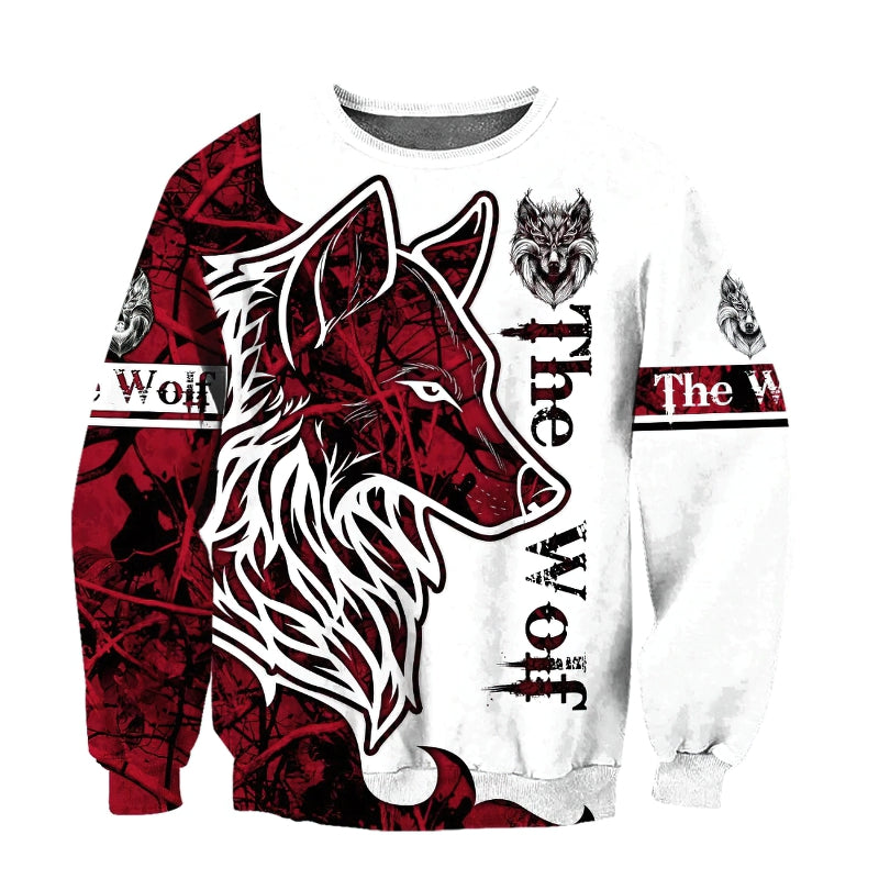 Unisex 3D printed wolf sweatshirt in red and white, perfect for men and women, featuring bold wolf graphic design.
