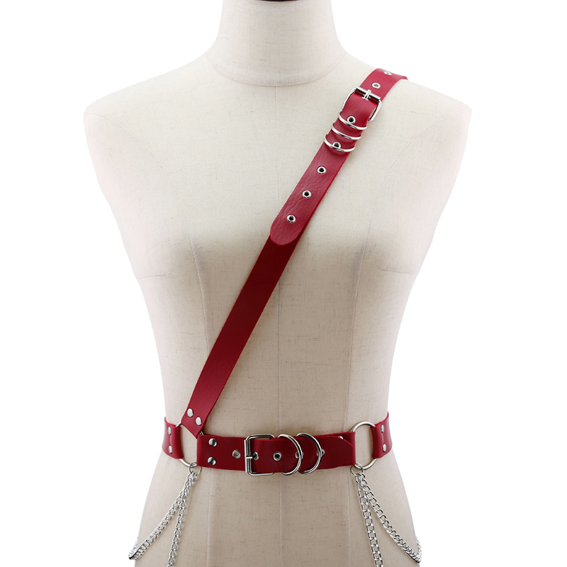 Trendy adjustable red PU leather chain harness belt with metal accents for a chic edgy look.