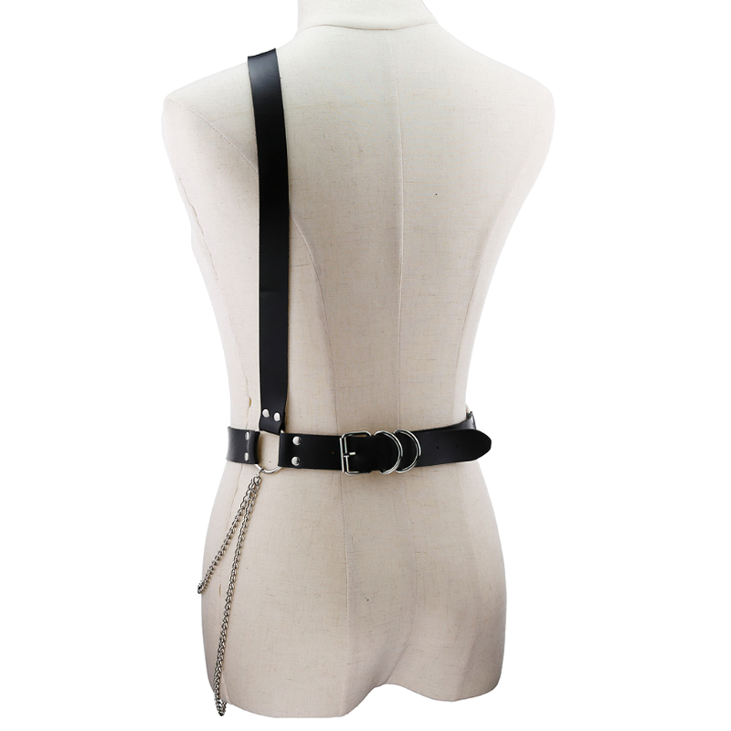Adjustable black PU leather chain belt harness showcasing edgy design and metal rings on a dress form.