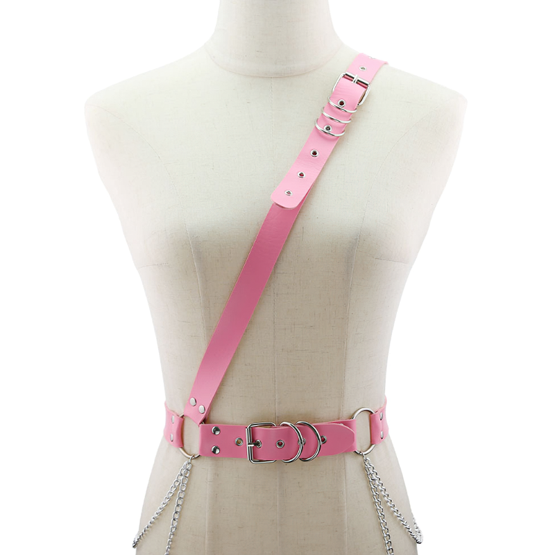 Trendy pink adjustable tassel chain belt harness with metal rings, perfect for edgy fashion outfits.
