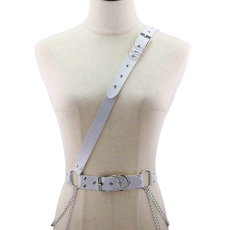 Trendy white adjustable tassel chain belt harness for men and women, featuring metal rings and edgy design.