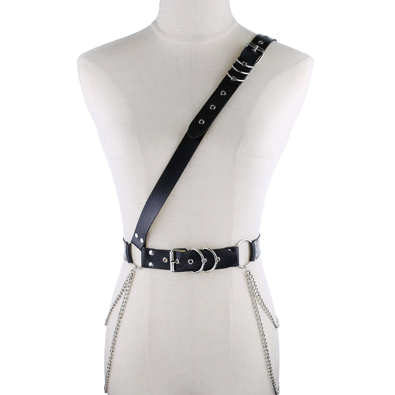 Trendy adjustable tassel chain belt harness, black PU leather with metal rings, perfect for rock outfits.