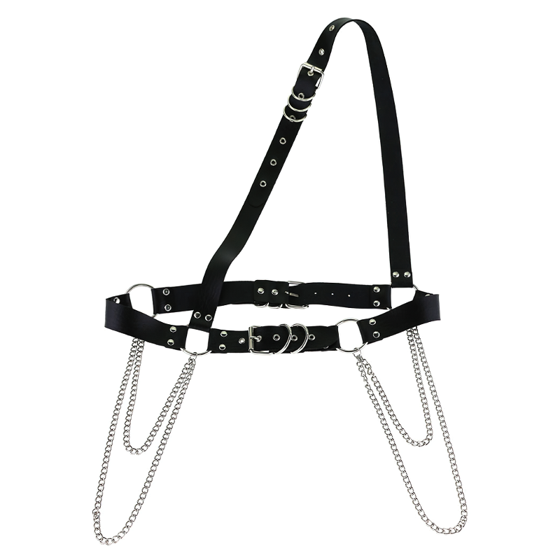 Fashion adjustable tassel chain belt harness made of synthetic leather with edgy metal rings and chains.