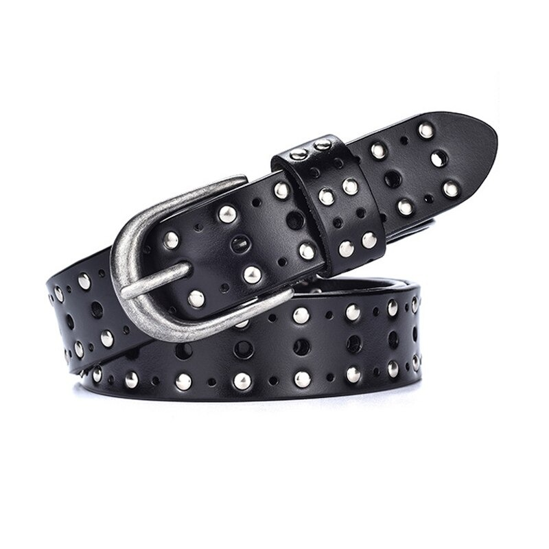 Fashion adjustable women's black leather belt with silver rivets and buckle, perfect for casual styling.