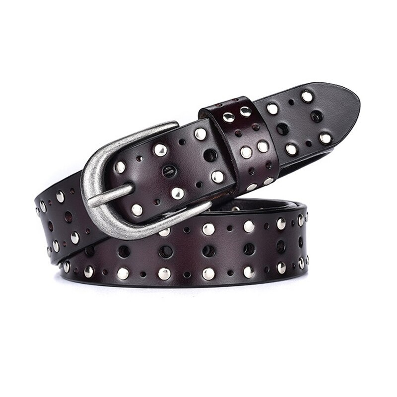 Fashion adjustable women's belt in dark brown genuine leather with silver rivets and buckle for a stylish casual look.