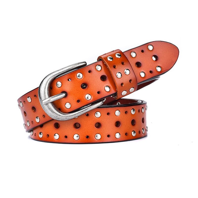 Fashionable adjustable women's leather belt in orange with silver rivets and buckle, perfect for casual outfits.